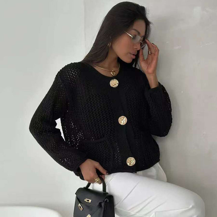 Dame mesh strik cardigan med praktiske lommer og dekorative knapper Stilla