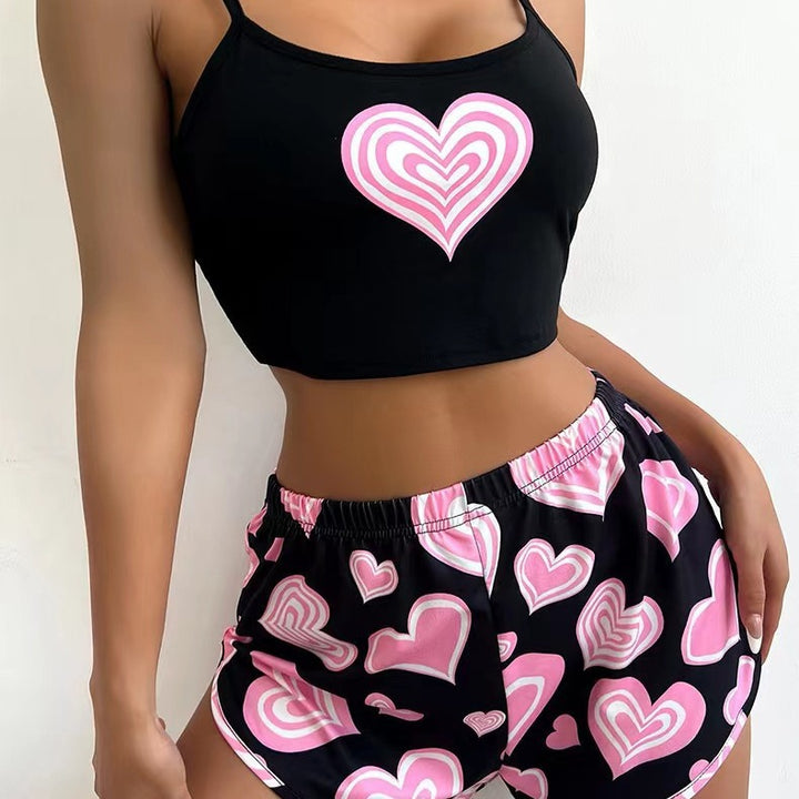 Dame fritids-crop-top og shorts sæt med kærligt hjerte-motiv Stilla