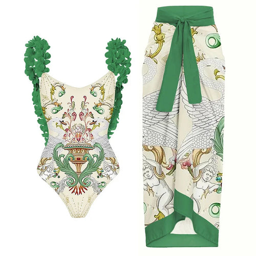 Dame badedragt-sæt med blomster-ruffle dekoration og elegant maxiskirt Skovae