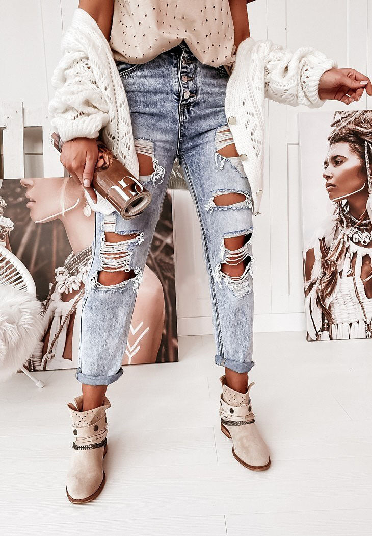 Dame Boyfriend-jeans med ødelagte detaljer og høj komfortlinning Stilla