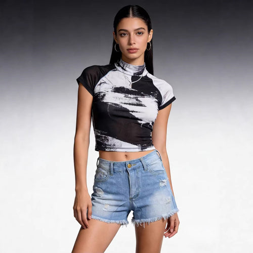 Dame Crop Top og High-Waist Jeans-Shorts Skovae