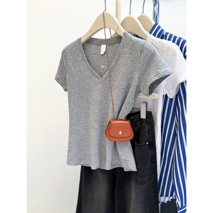 Dame Relaxed V-udskæring Slub T-shirt Stilla