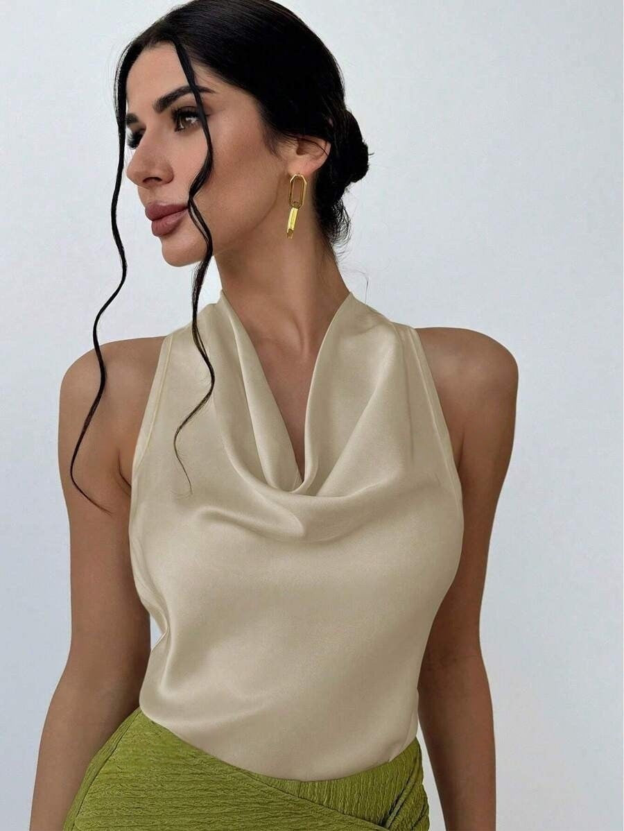 Dame Elegant satin top med smart vandfald udskæring Skovae