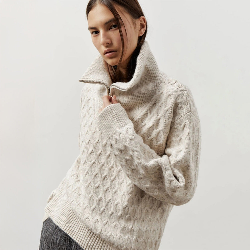Kvinders mønstrede sweater med høj krave og lynlås Stilla