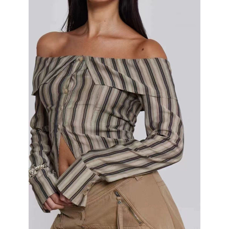 Dame Off-Shoulder stribet bluse med knapdetaljer Stilla