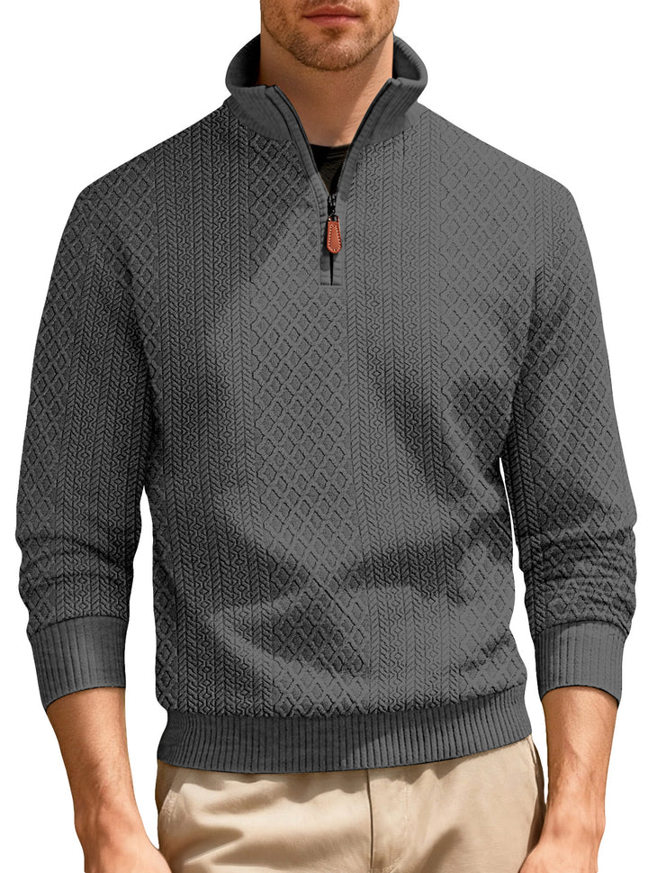 Herren nan finstruktureret halvzip-sweater i jacquard-relief med høj ståkrave og læder-zipper Skovae