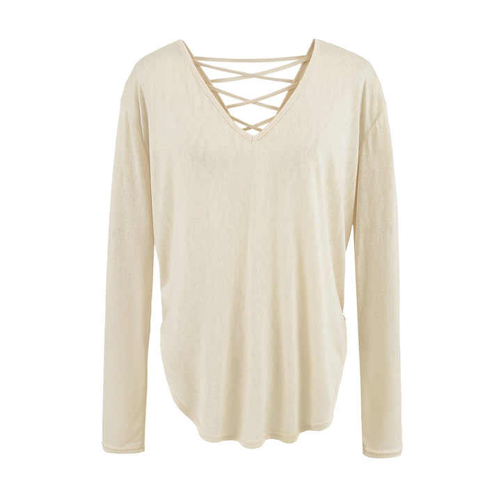 Dame langærmet shirt med dyb V-udskæring og elegant snøredetail Stilla