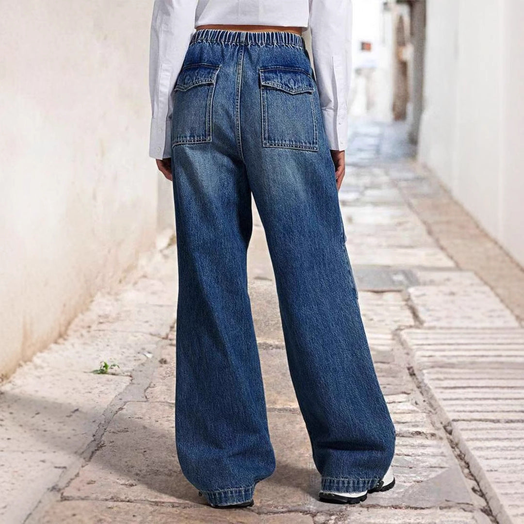 Dame bred Denim-bukser med elastisk talje og afslappet design Stilla