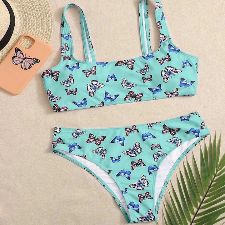 Dame Crop-Bikini-sæt med farverig sommerfugleprint Skovae