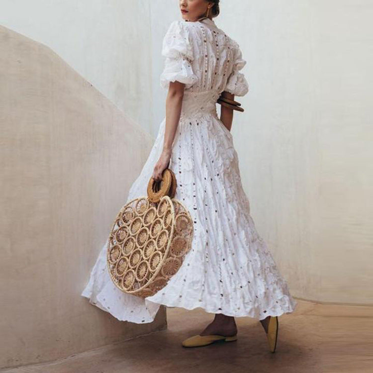 Dame Maxi-kjole med voluminøse puffærmer og detaljeret foldedesign Stilla