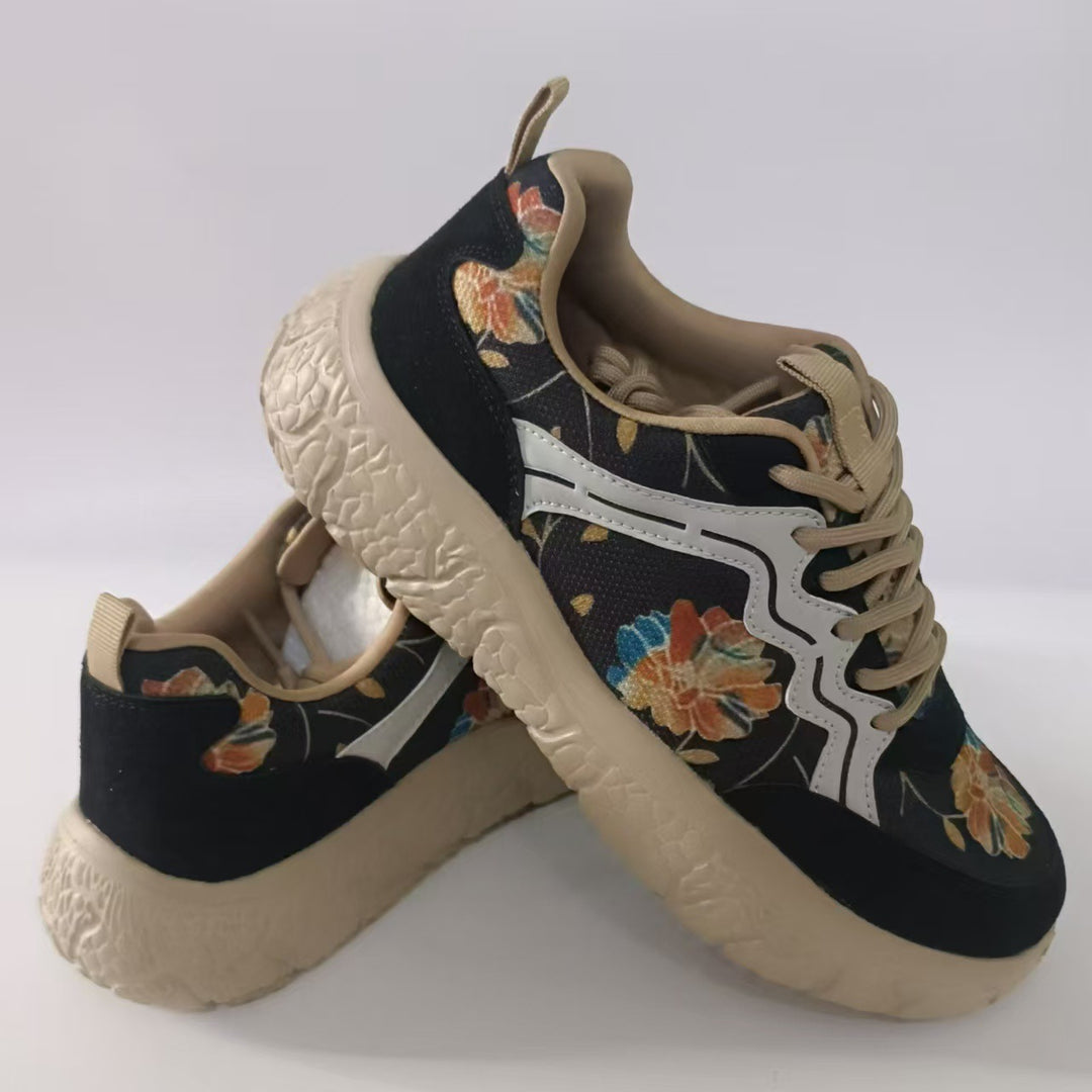 Dame nan mode Plateau-sneakers med blomstret canvasmønster og ruskind pynt skoae