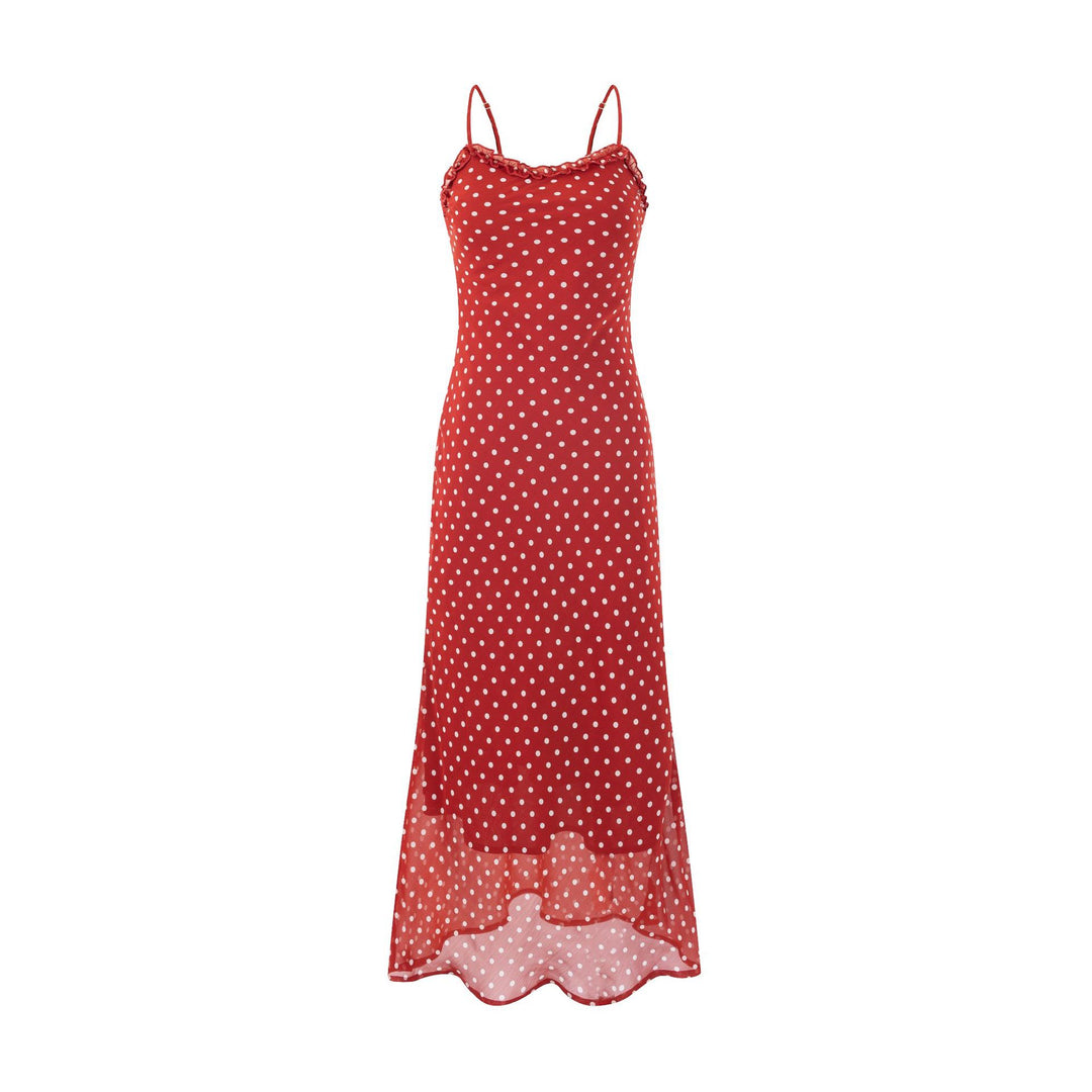 Dame maxikjole med justerbare spaghetti stropper og elegant polka-dot mønster Stilla