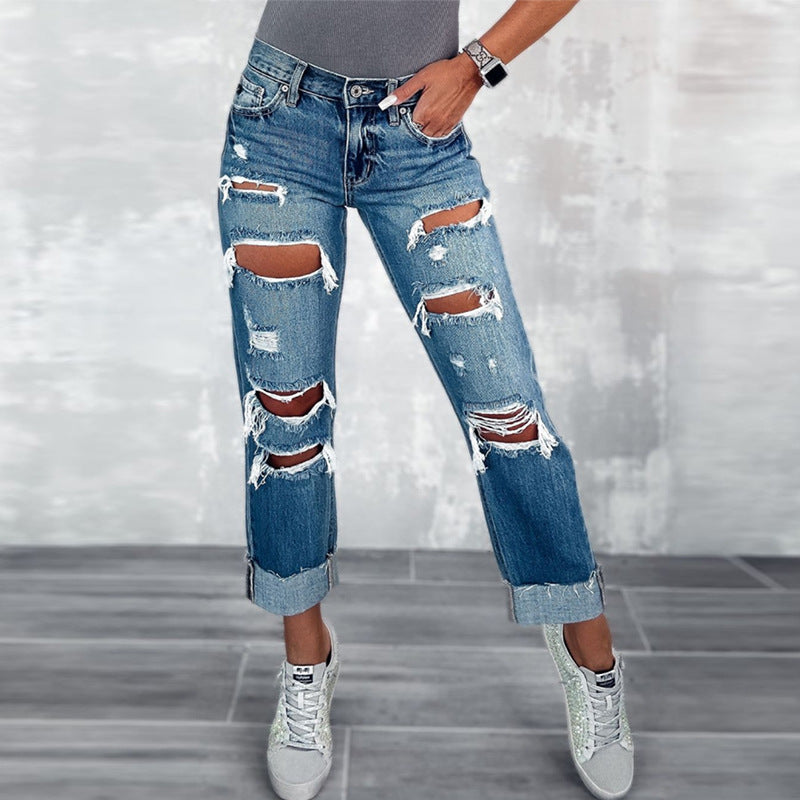 Dame Ripped Boyfriend Jeans i den trendy vintage-look med vidde ben Stilla