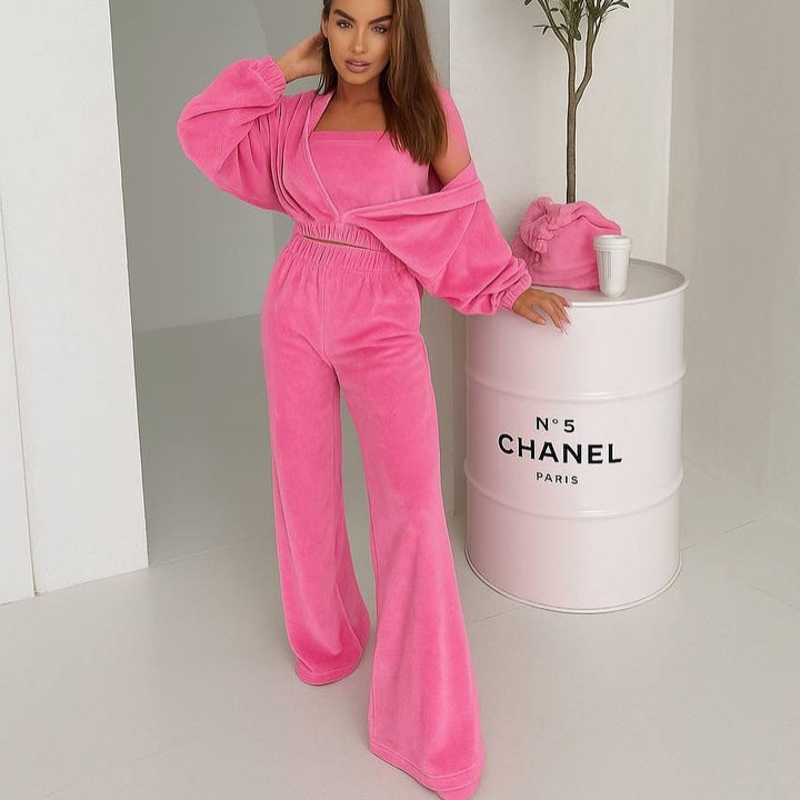 Damer Elegant Fleece Loungewear Sæt med Løs Top og Behagelige Bukser Skovae