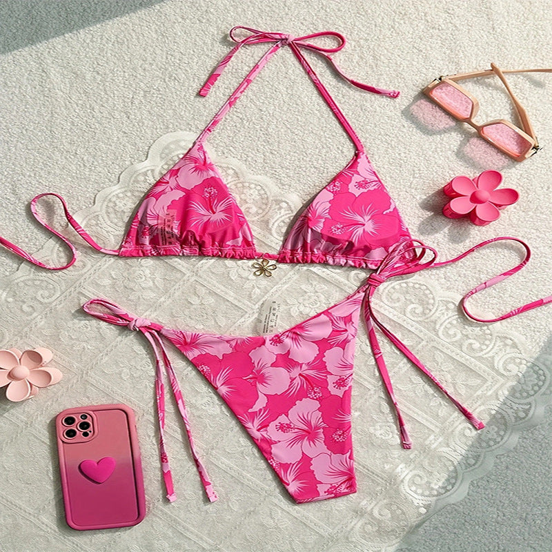 Dame Drømmende Triangel-Bikini med floralt design og legesyge snøring Skovae