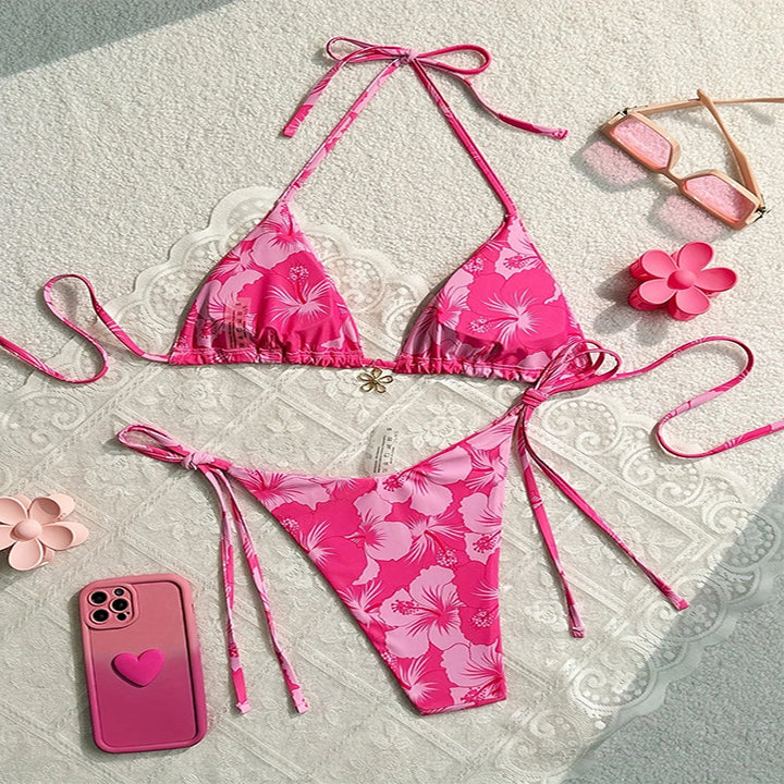 Dame Drømmende Triangel-Bikini med floralt design og legesyge snøring Skovae