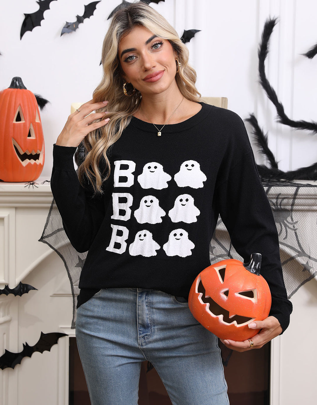 Kvindernes Strikkede Halloween Sweater med Geist Motiv og Løs Fit Stilla