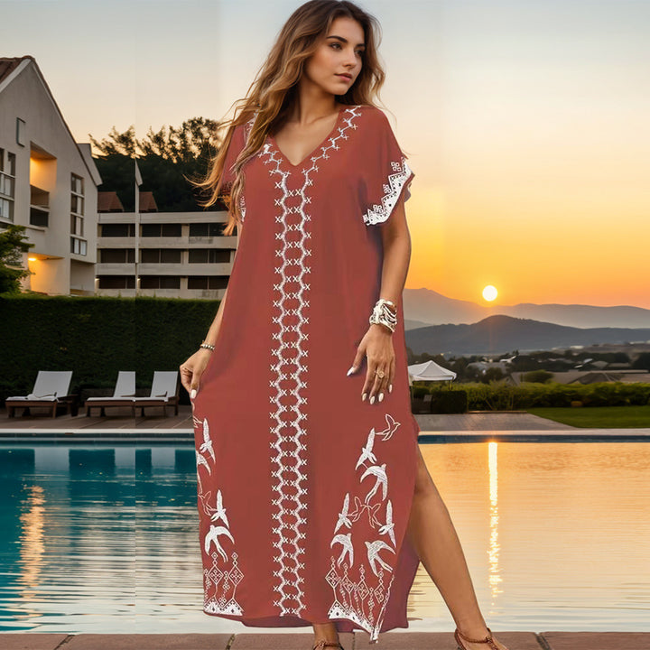 Dame Maxi-Kaftan med kunstnerisk broderimønster og sidelæg Stilla