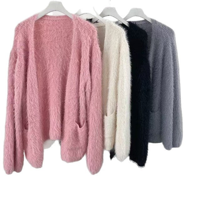 Dame Fluffy Cardigan med Åben Front og Praktiske Lommer Stilla