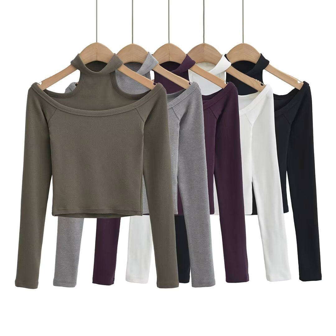 Dame Off-Shoulder Langærmet Top med stilfuld Ståkrave og attraktiv Pasform Stilla