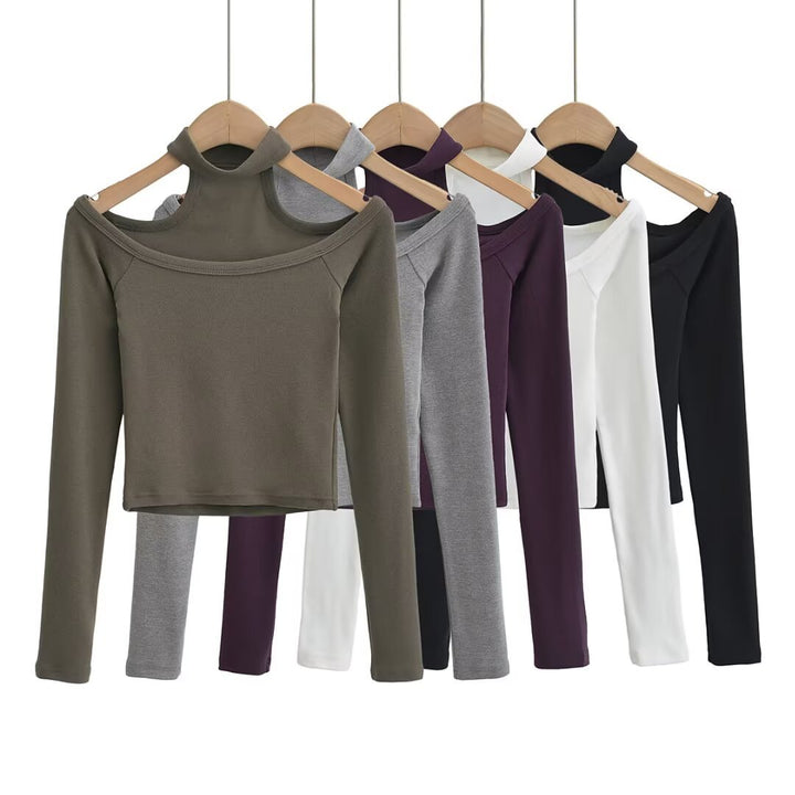 Dame Off-Shoulder Langærmet Top med stilfuld Ståkrave og attraktiv Pasform Stilla