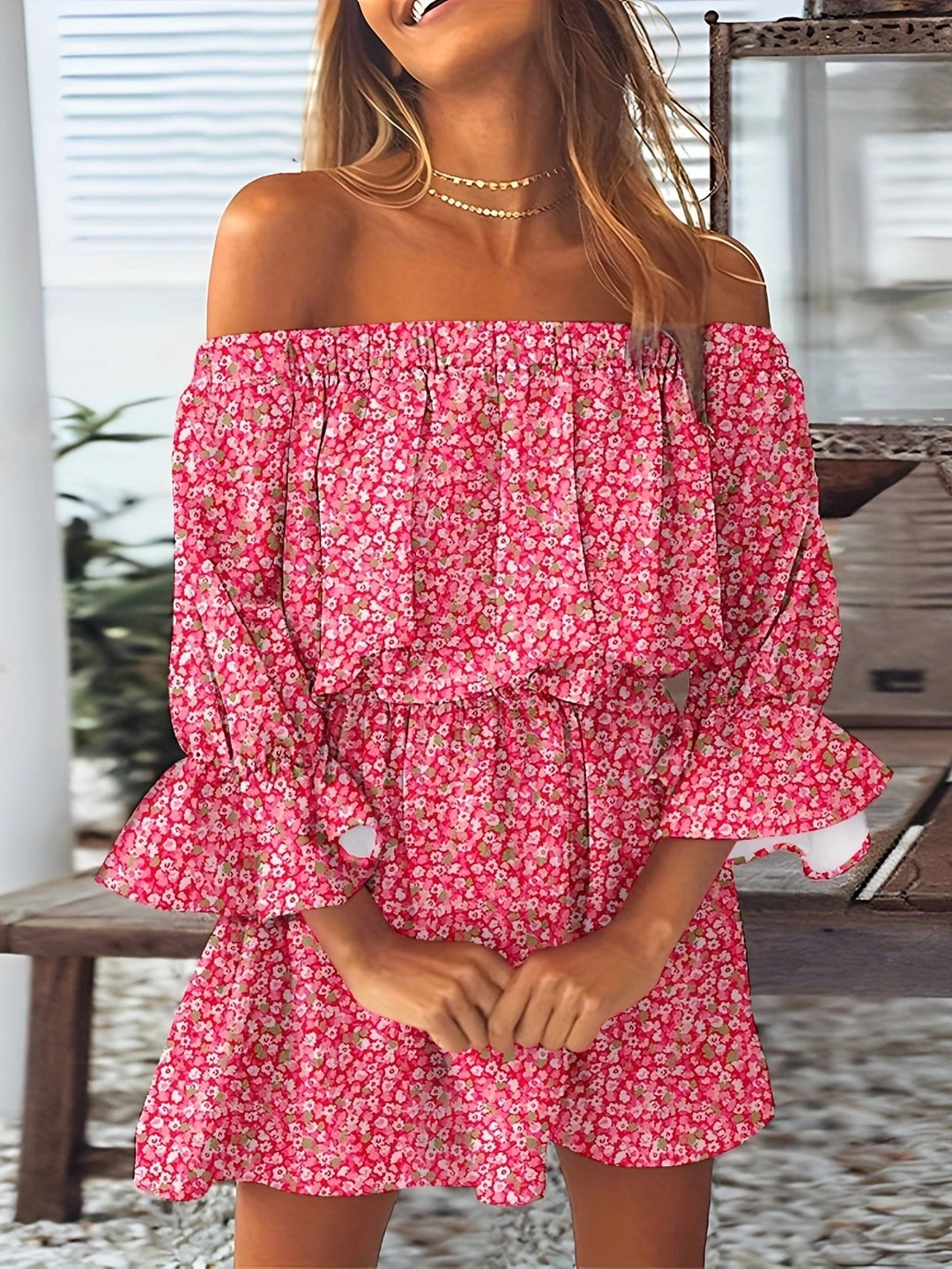 Dame luftig Off-Shoulder Kjole med Rüschendetails og blomster mønster Stilla