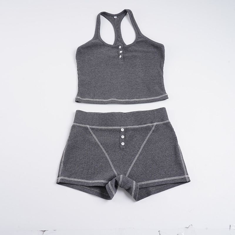 Dame Sports top og shorts sæt med knapdetaljer Skovae