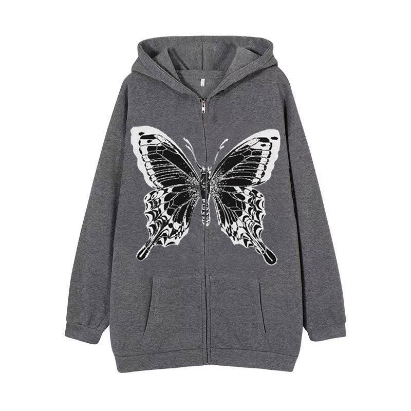 Kvinders zip hoodie med iøjnefaldende sommerfuglemotiv Skovae