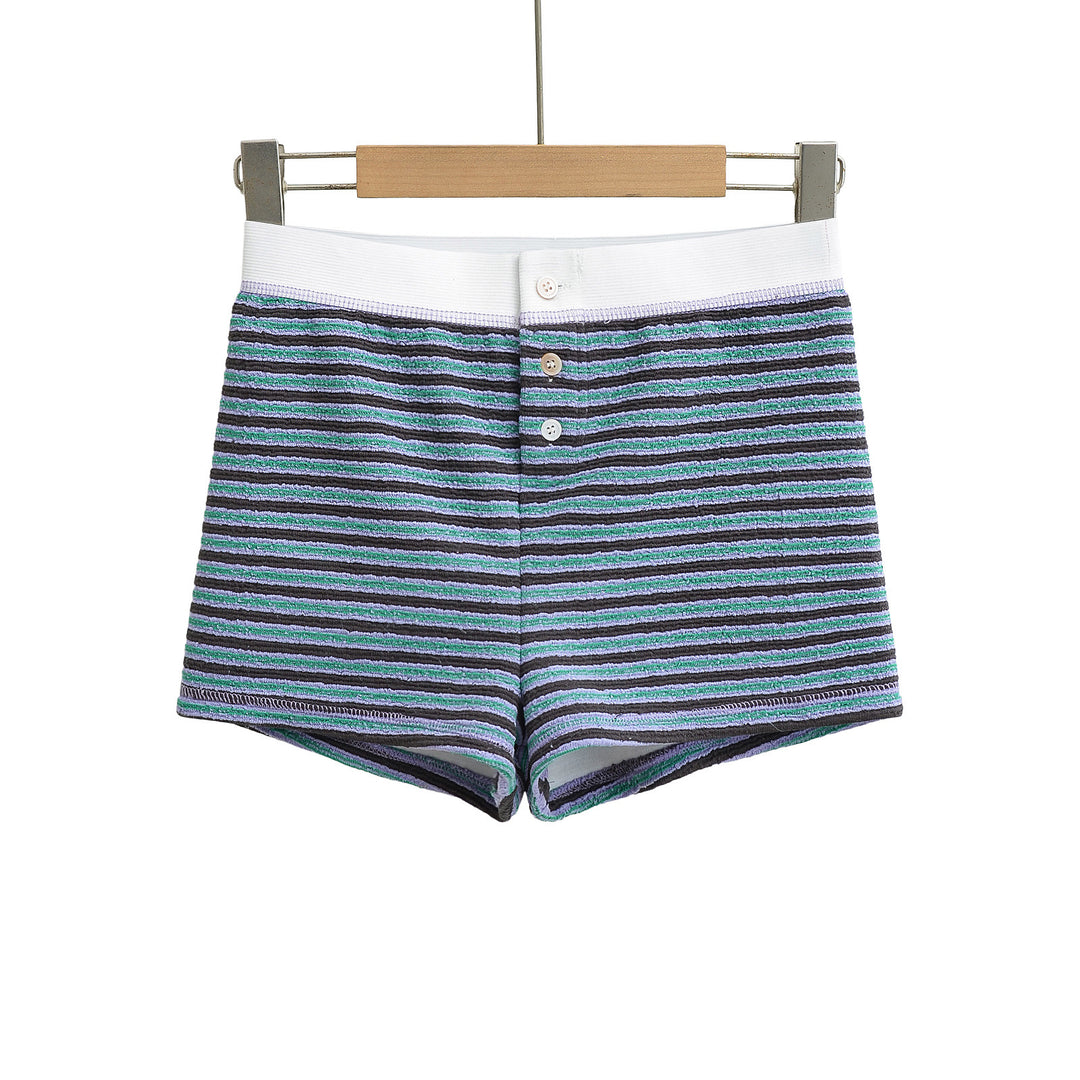 Dame sporty stribede shorts med elastisk linning og knapdetaljer Stilla