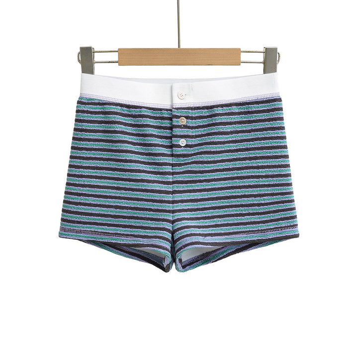 Dame sporty stribede shorts med elastisk linning og knapdetaljer Stilla