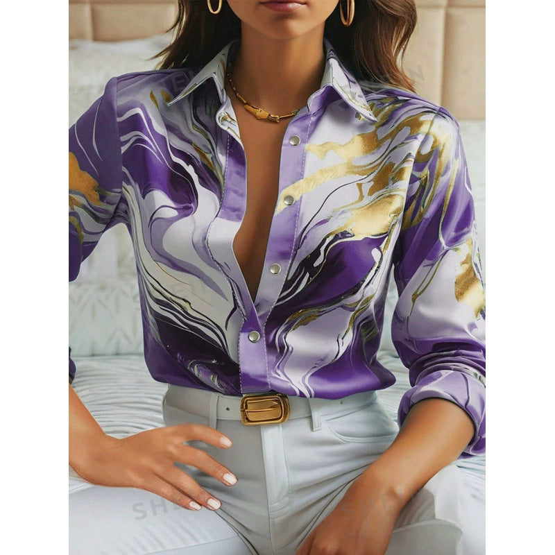 Damer Elegant Satinbluse med maritimt mønster Stilla