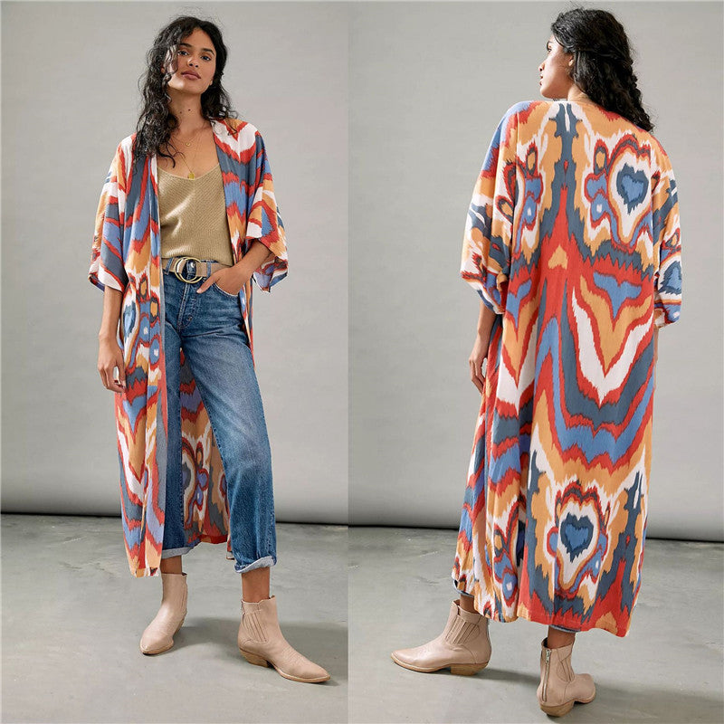 Dame Kimono-stil Strandkappe med kunstnerisk mønster Stilla