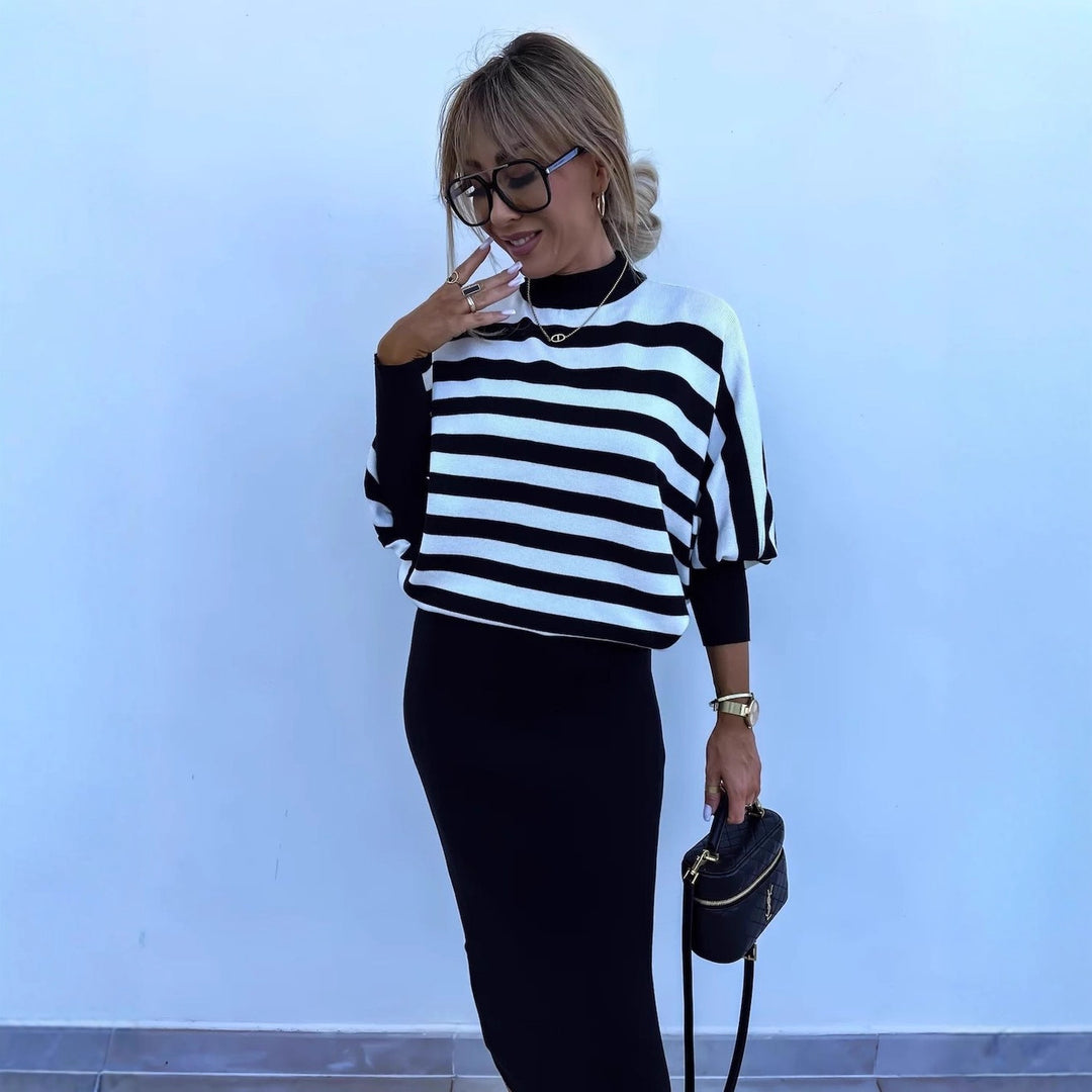 Kvindernes elegante stribede maxi kjole med casual sweater Skovae
