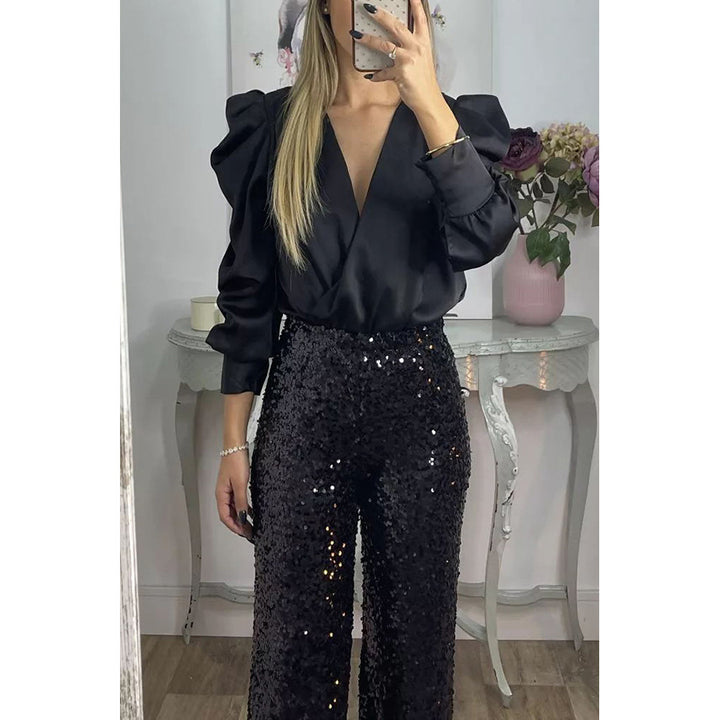 Dame Højhalset Satin-top med Puffærmer og Vikkel Design Stiila