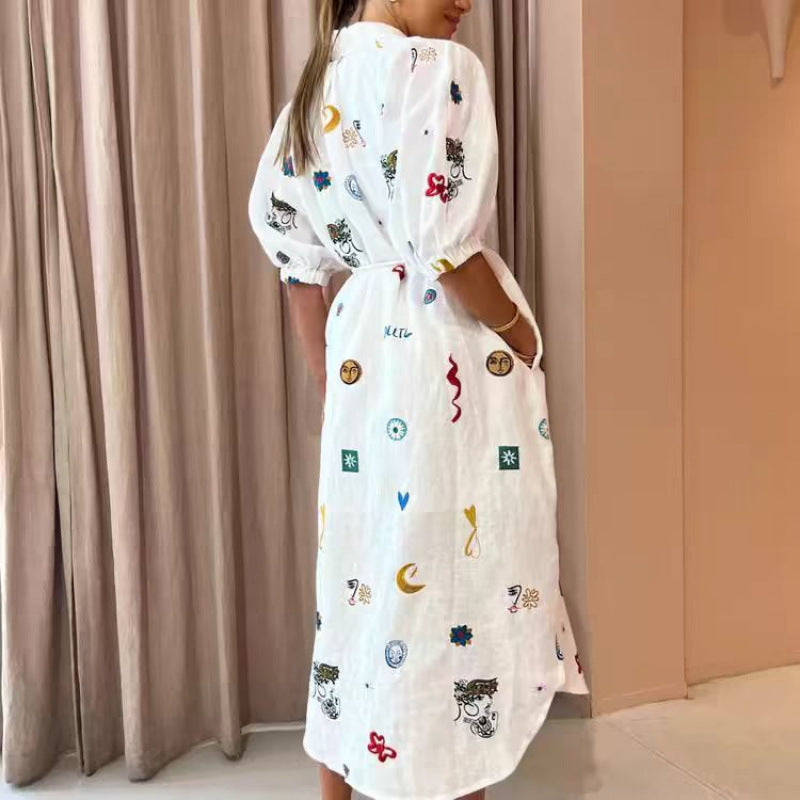 Dame Broderet Button-Up Maxi Skjorte Kjole Stilla