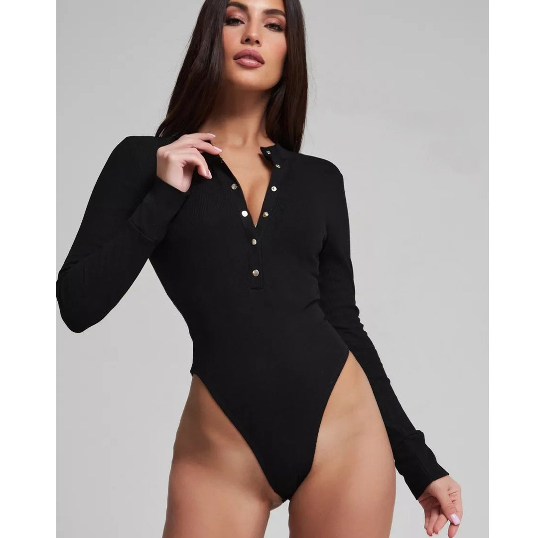 Dame langærmet bodysuit med knapdetaljer og dyb udskæring Stilla