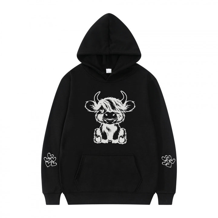 Kvindernes hætte sweatshirt med charmerende kvægmotiv og praktiske kængurulommer Skovae