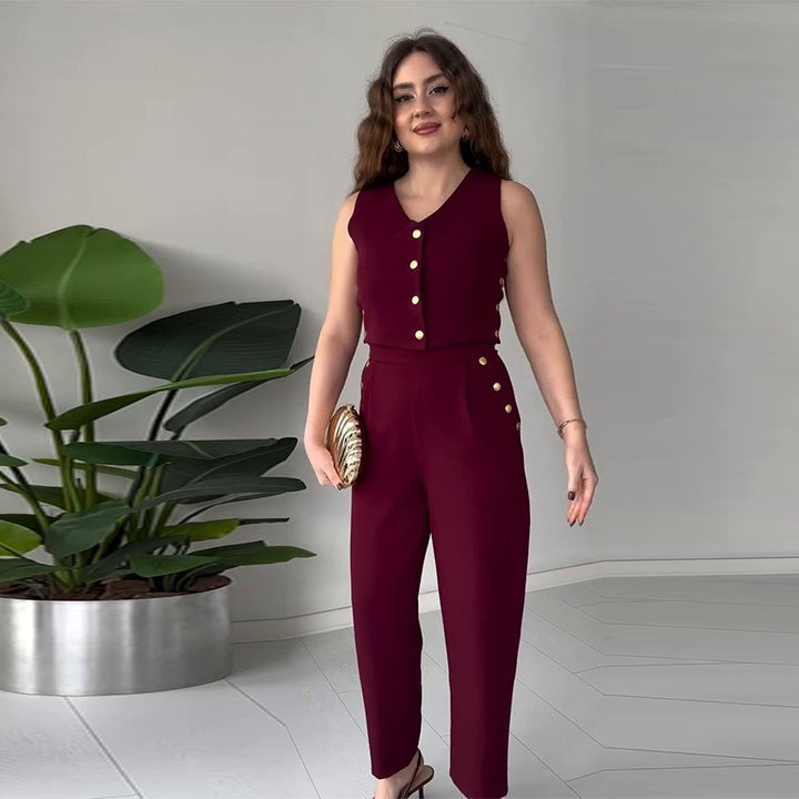 Dame crop-top med elegante knapper og højtaljede bukser Stilla