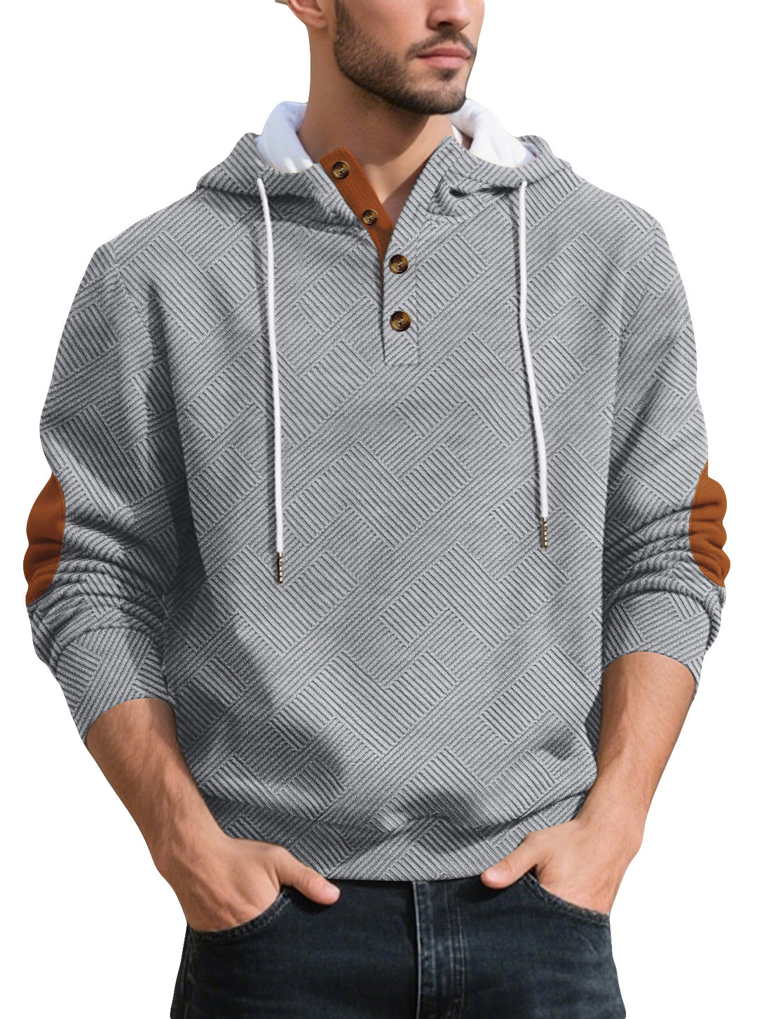 Herrer nan struktureret hætte-Henley-pullover med jacquardstruktur, knapstolpe og albuepatches Skovae