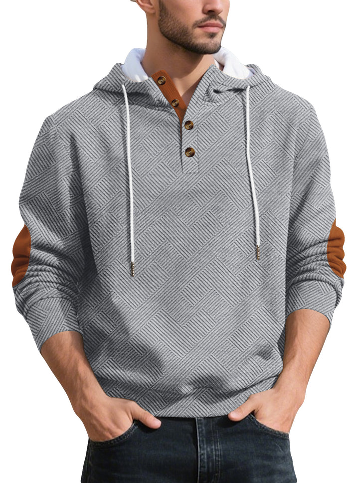 Herrer nan struktureret hætte-Henley-pullover med jacquardstruktur, knapstolpe og albuepatches Skovae