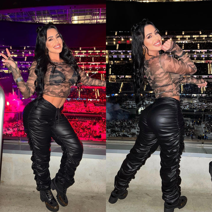 Dame Fashion Camouflage Crop-Top og Kunstlæder Joggingbukser Sæt Stilla