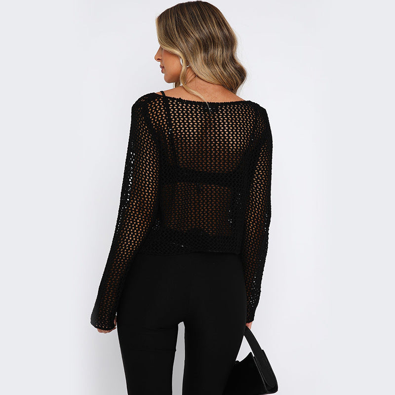 Dame net hækle sweater med trendy cropped snit og lange ærmer Stilla