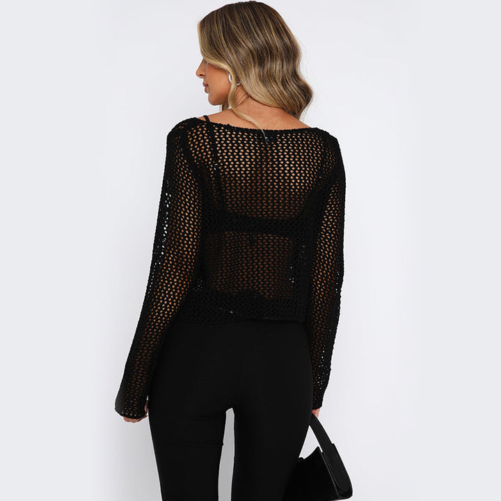Dame net hækle sweater med trendy cropped snit og lange ærmer Stilla