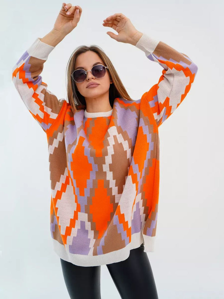 Dame Oversized Strikpullover med grafisk Jacquard-mønster og afslappet snit Stilla