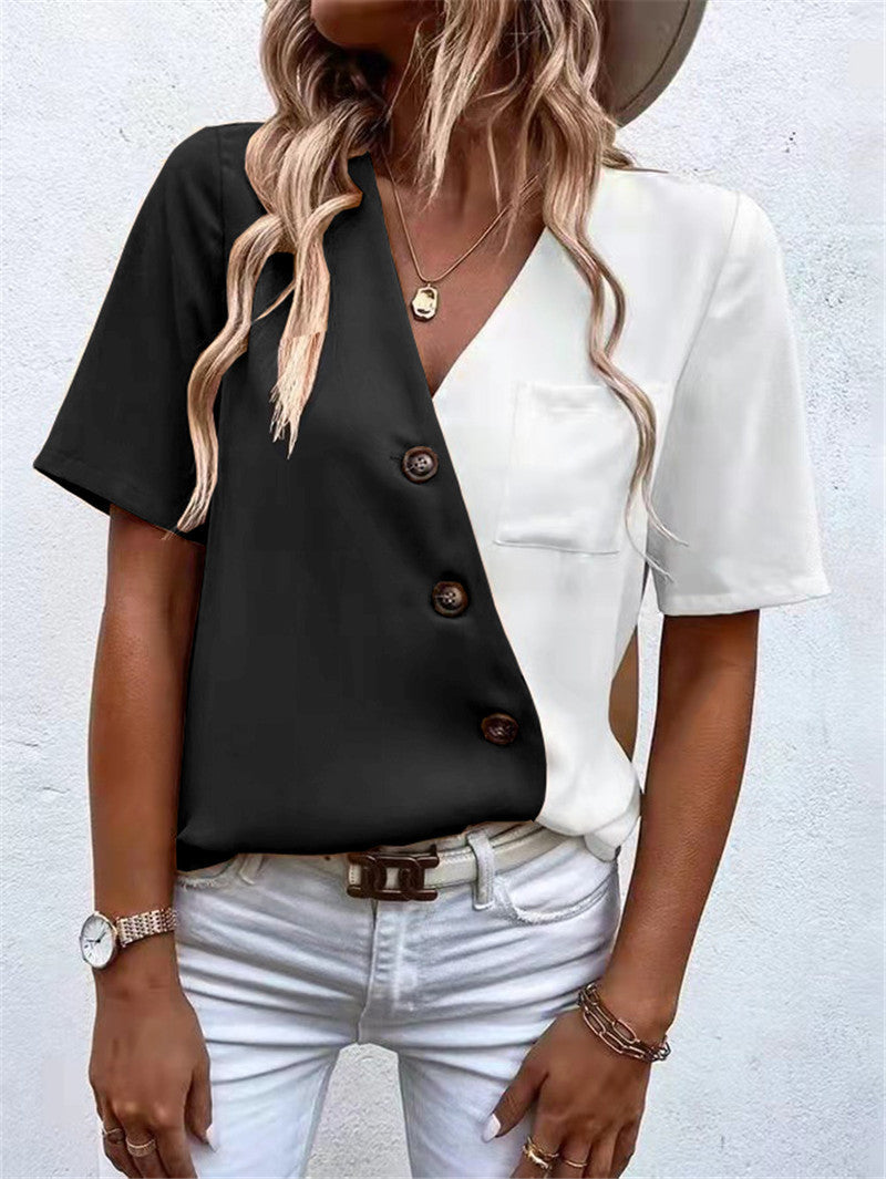 Dame asymmetrisk Button-Up top med kontraststoffer og brystlomme Stilla