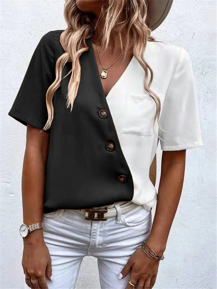 Dame asymmetrisk Button-Up top med kontraststoffer og brystlomme Stilla