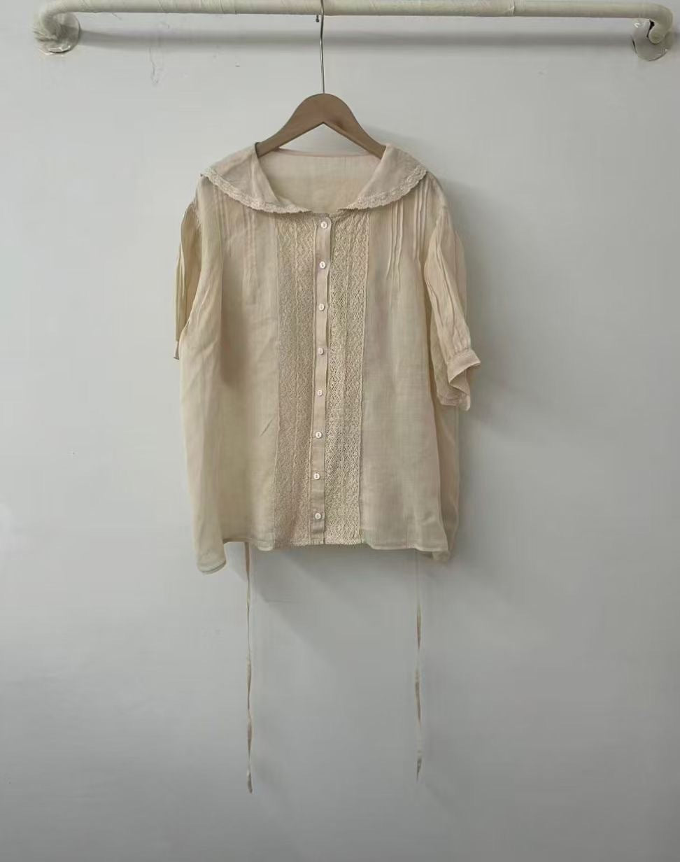 Dame Button-Up Bluse med spidsekrave og justerbart bånd Stilla