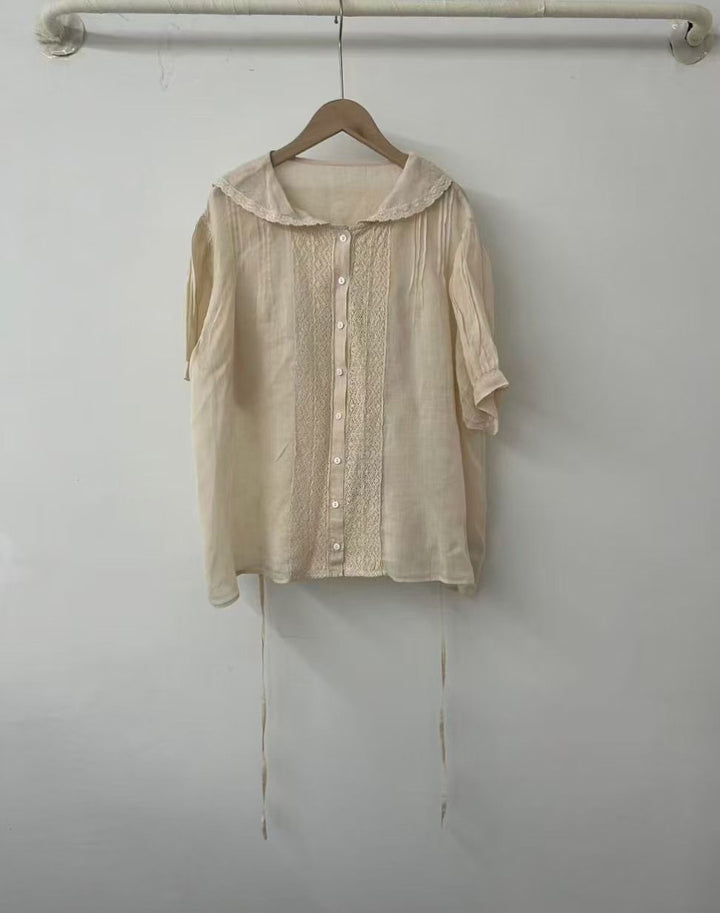 Dame Button-Up Bluse med spidsekrave og justerbart bånd Stilla