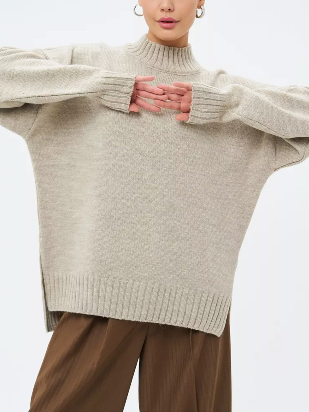 Stilla | Pullover Pullover Størrelse Schnit Ribbet Strik Semi Høj Hals Faldende Skuldre