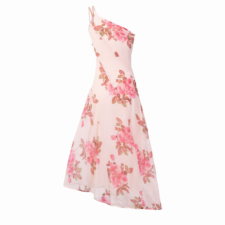 Dame asymmetrisk MAXIKJOLE med blomsterprint og elegant chiffonmateriale Stilla
